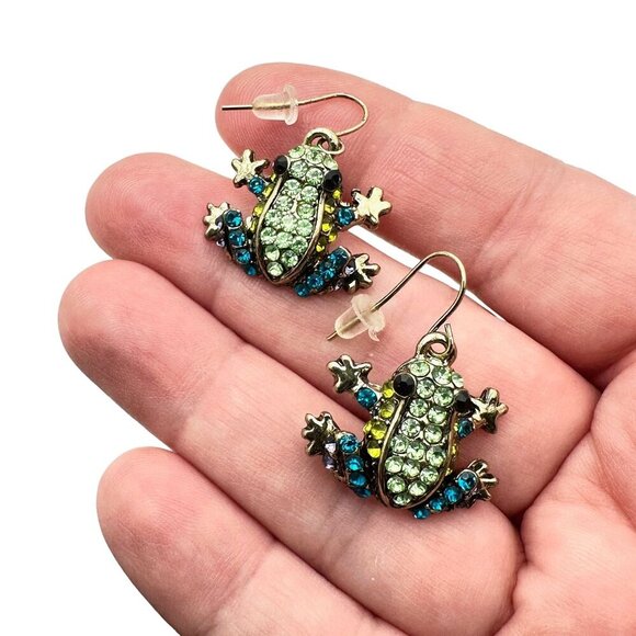 Off Park Collection Womens Earrings Bronze Tone Blue Green Frogs Pierced - Picture 2 of 3
